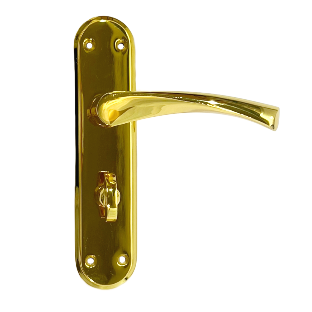 Genova Door Handles Polished Brass Twist Lever Bathroom Lock on Modern Marina Backplate