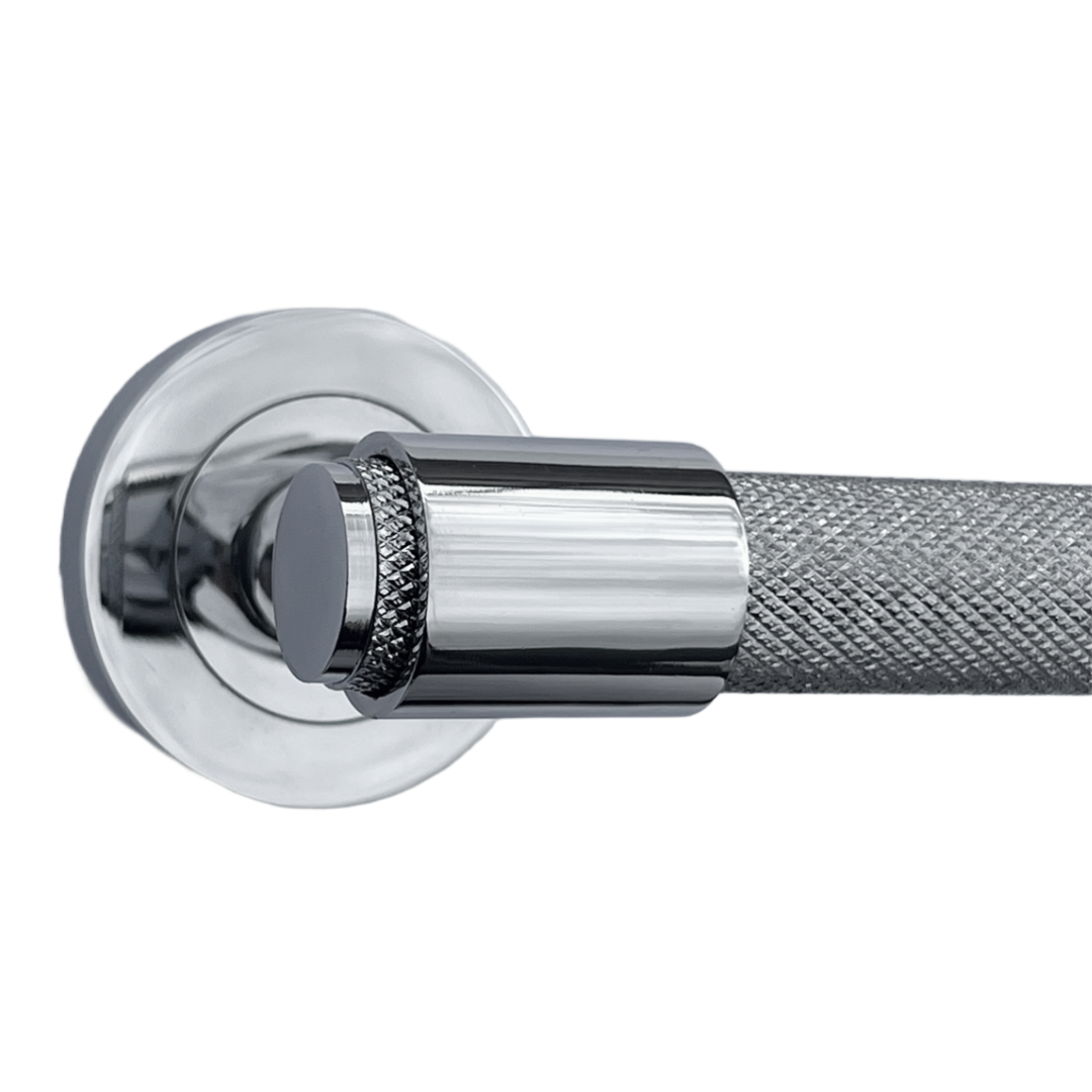 Knurled Door Handles Polished Chrome Loop & Neck Lever on Round Rose Latch Handle Luxe