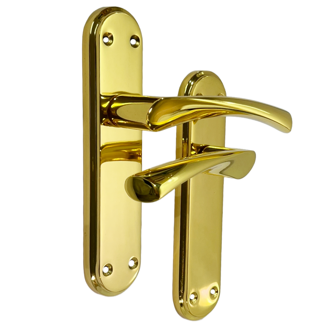 Genova Door Handles Polished Brass Twist Lever Latch on Modern Marina Backplate