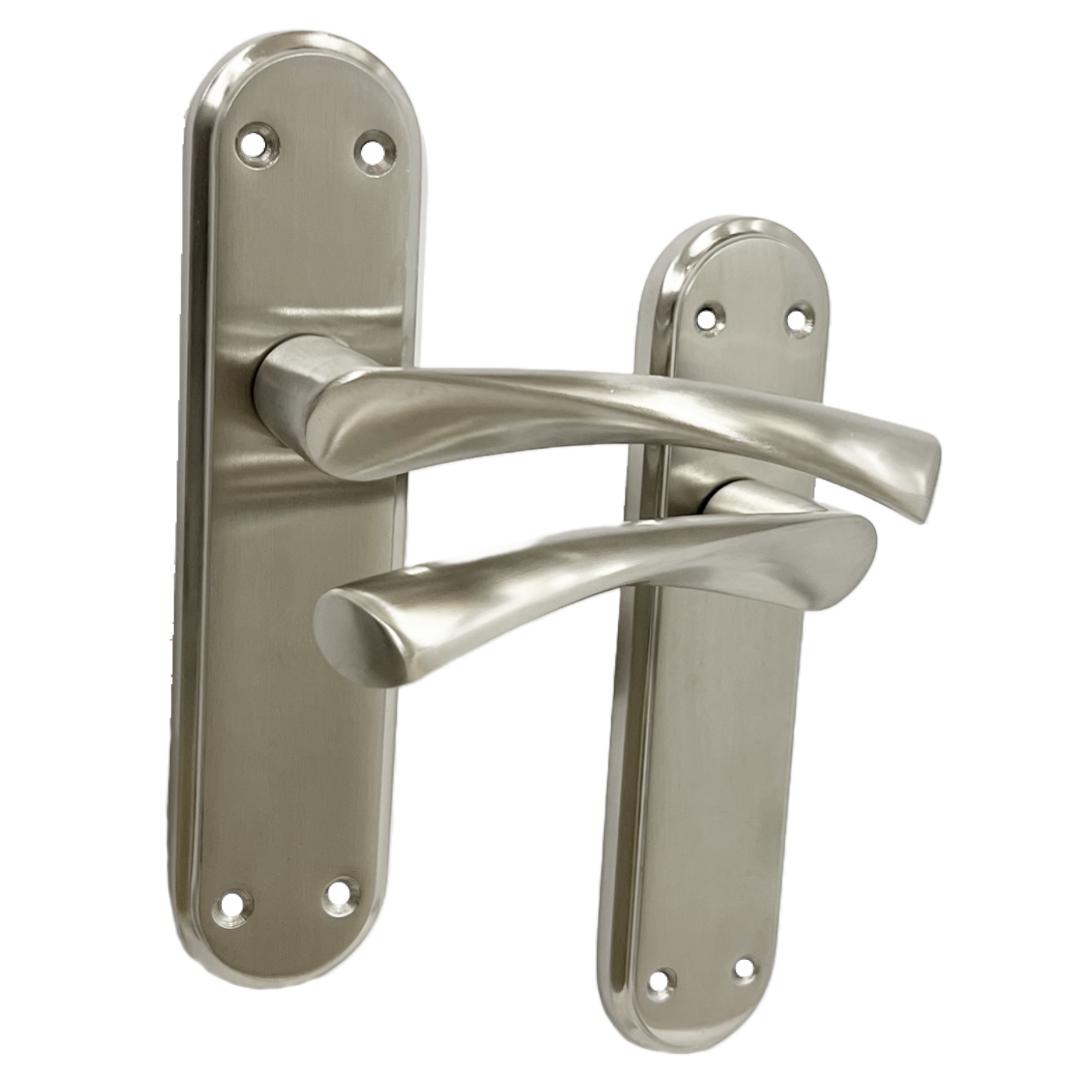 Genova Door Handles Satin Twist Lever Latch on Modern Marina Backplate