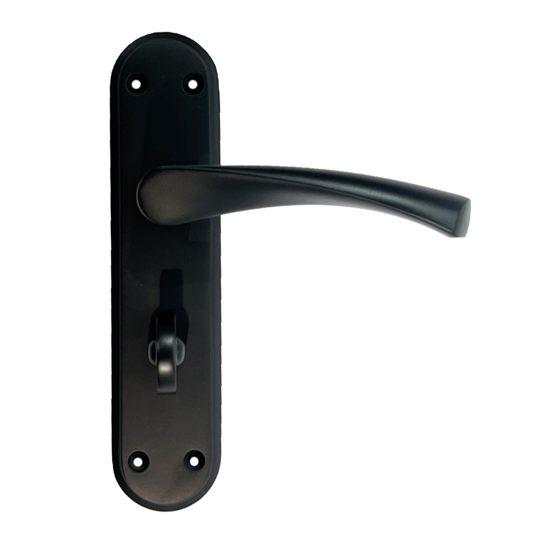 Genova Door Handles Matt Black Twist Lever Bathroom Lock on Modern Marina Backplate