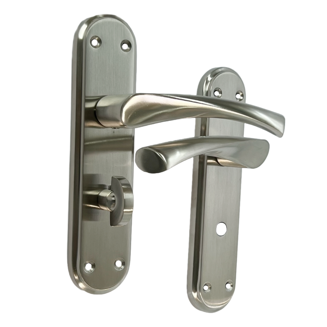 Genova Door Handles Satin Twist Lever Bathroom Lock on Modern Marina Backplate