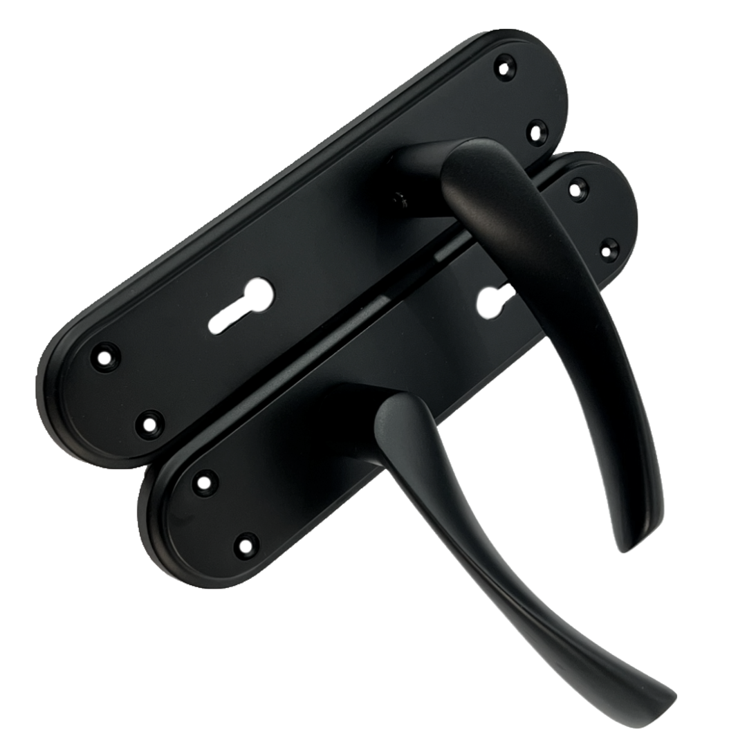 Genova Door Handles Matt Black Twist Lever Lock on Modern Marina Backplate