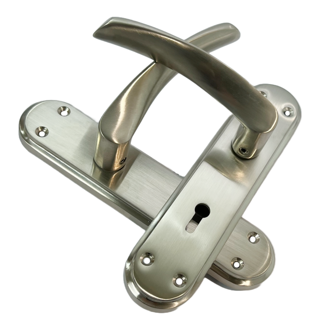 Genova Door Handles Satin Twist Lever Lock on Modern Marina Backplate