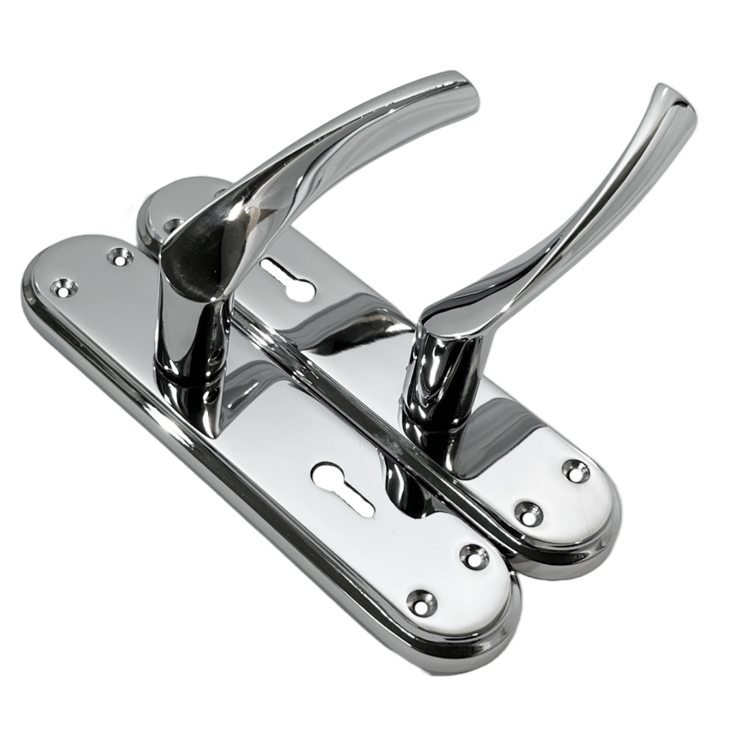 Genova Door Handles Polished Chrome Twist Lever Lock on Modern Marina Backplate