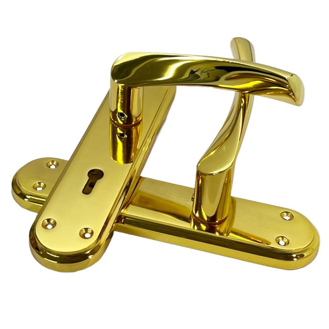 Genova Door Handles Polished Brass Twist Lever Lock on Modern Marina Backplate