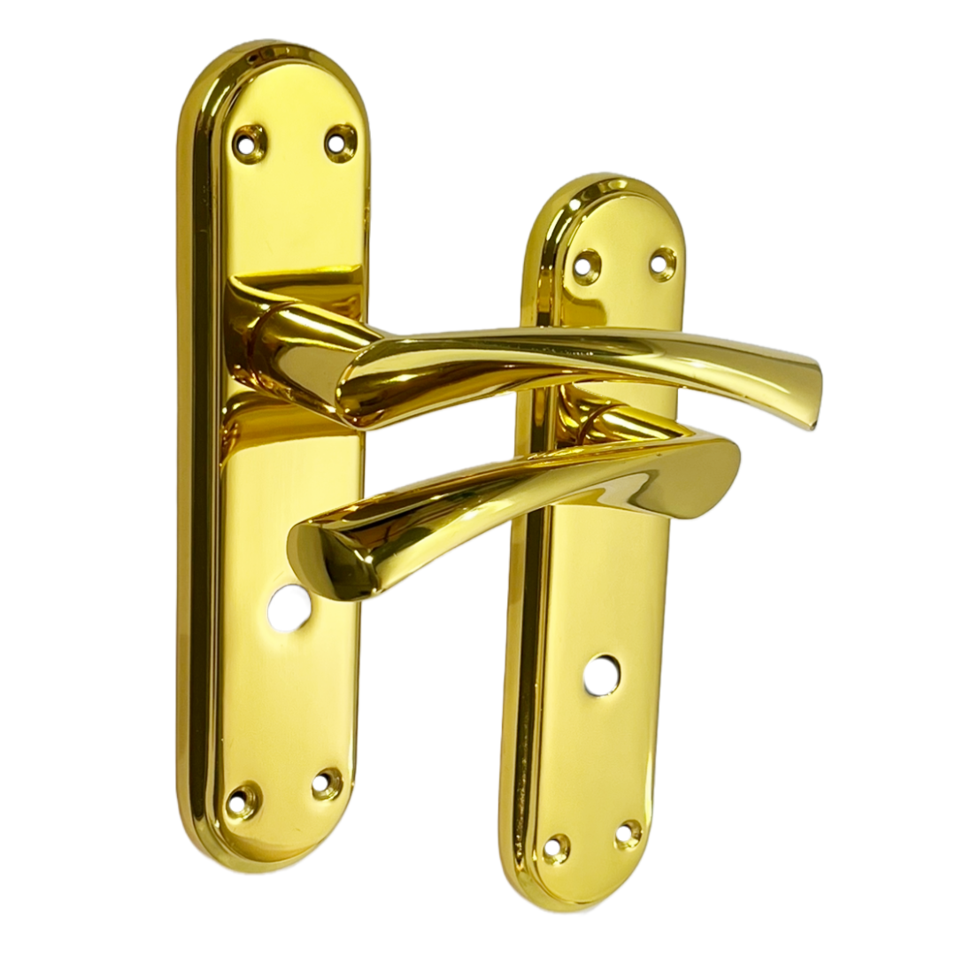 Genova Door Handles Polished Brass Twist Lever Bathroom Lock on Modern Marina Backplate