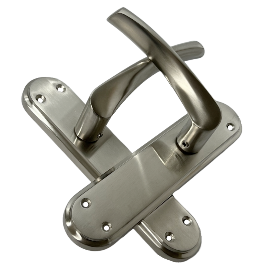 Genova Door Handles Satin Twist Lever Latch on Modern Marina Backplate