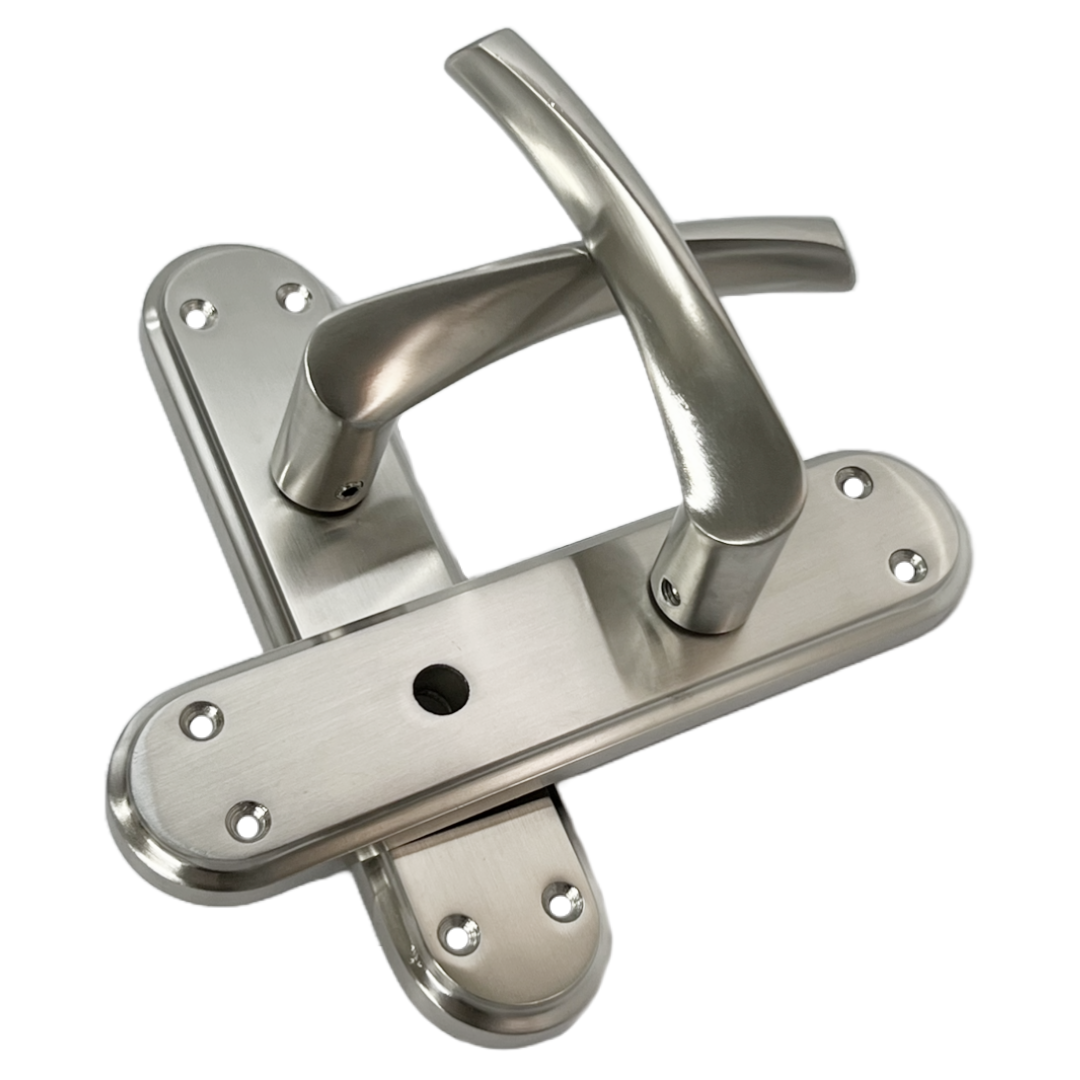 Genova Door Handles Satin Twist Lever Bathroom Lock on Modern Marina Backplate