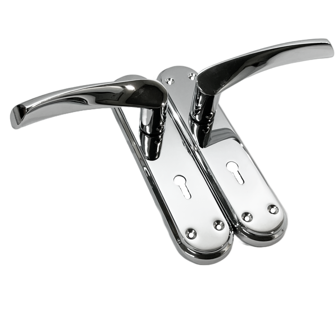 Genova Door Handles Polished Chrome Twist Lever Lock on Modern Marina Backplate