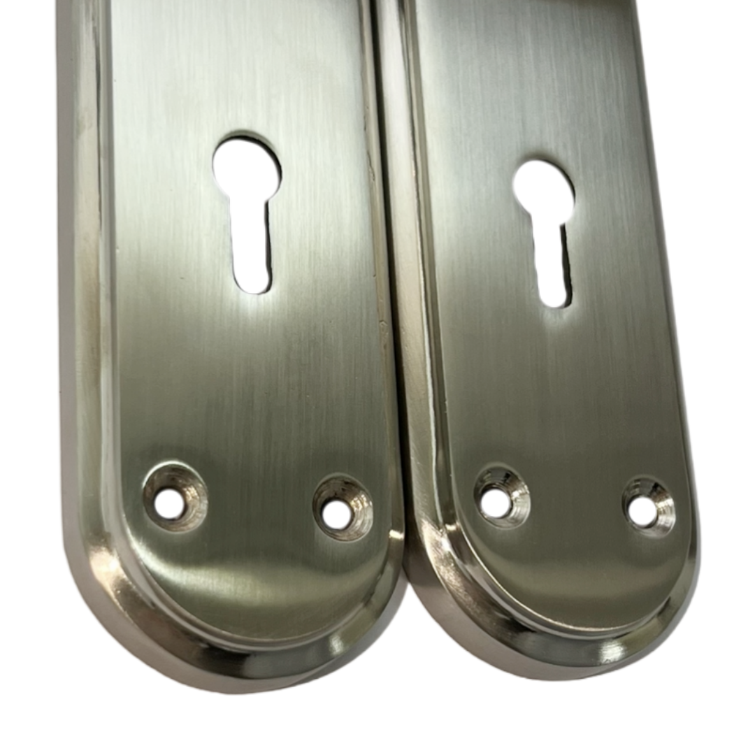 Genova Door Handles Satin Twist Lever Lock on Modern Marina Backplate