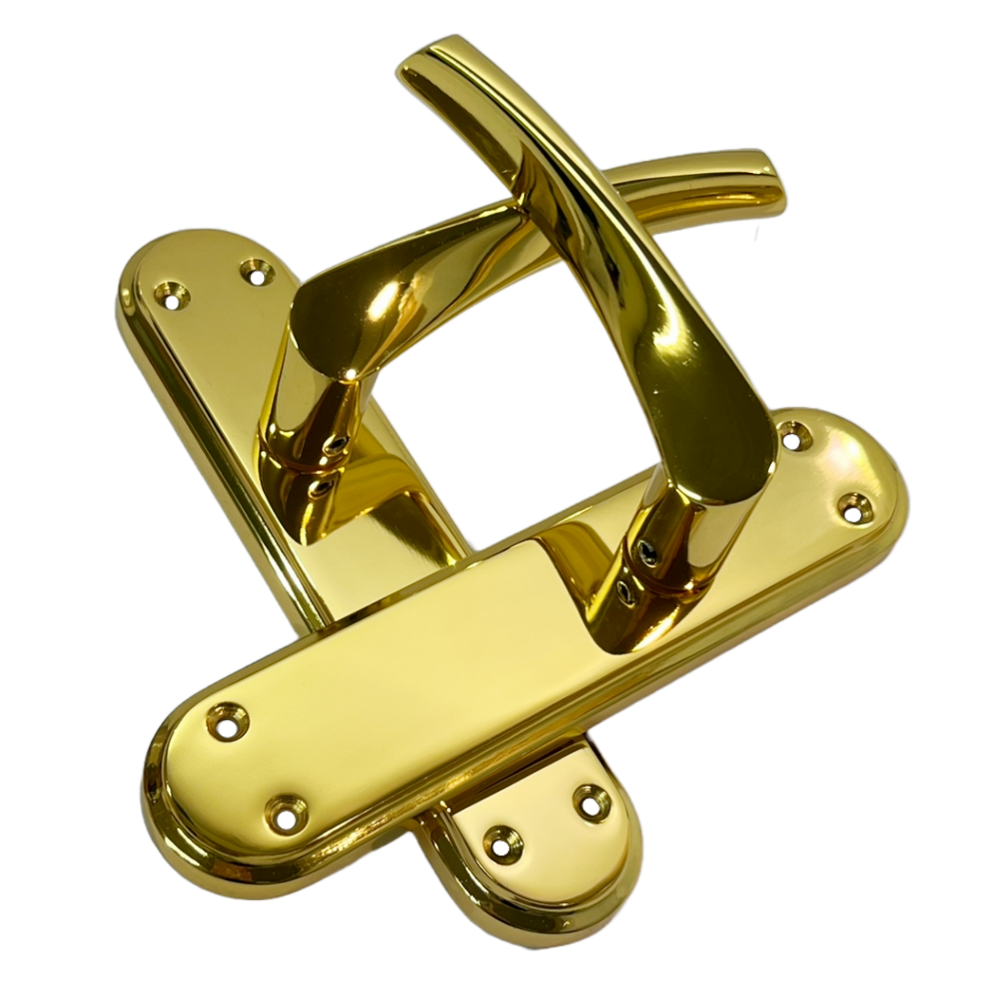Genova Door Handles Polished Brass Twist Lever Latch on Modern Marina Backplate