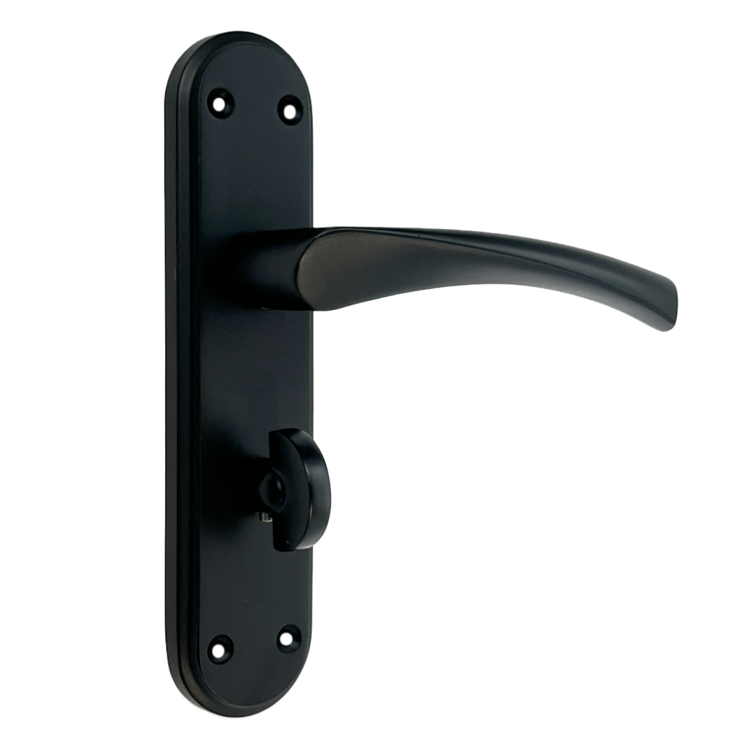 Genova Door Handles Matt Black Twist Lever Bathroom Lock on Modern Marina Backplate