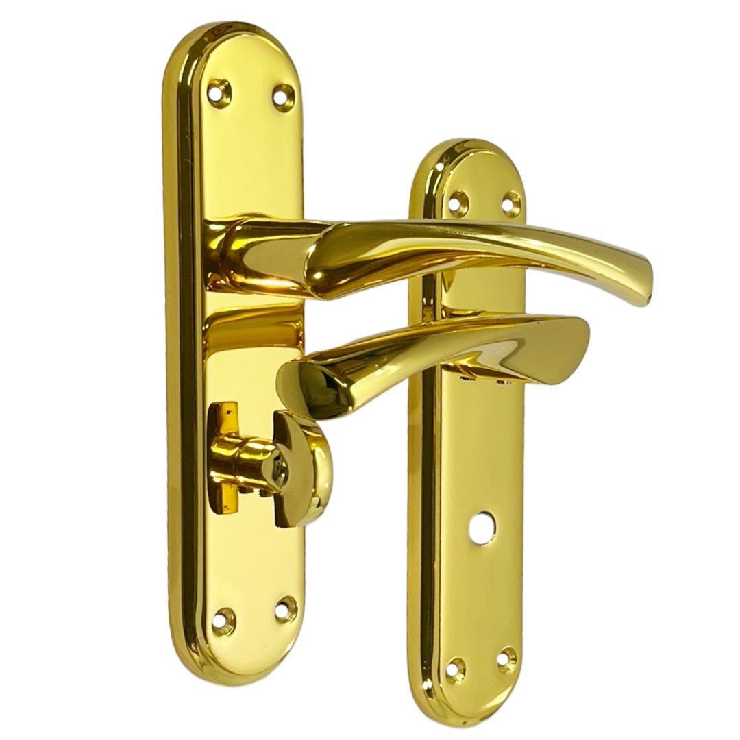 Genova Door Handles Polished Brass Twist Lever Bathroom Lock on Modern Marina Backplate