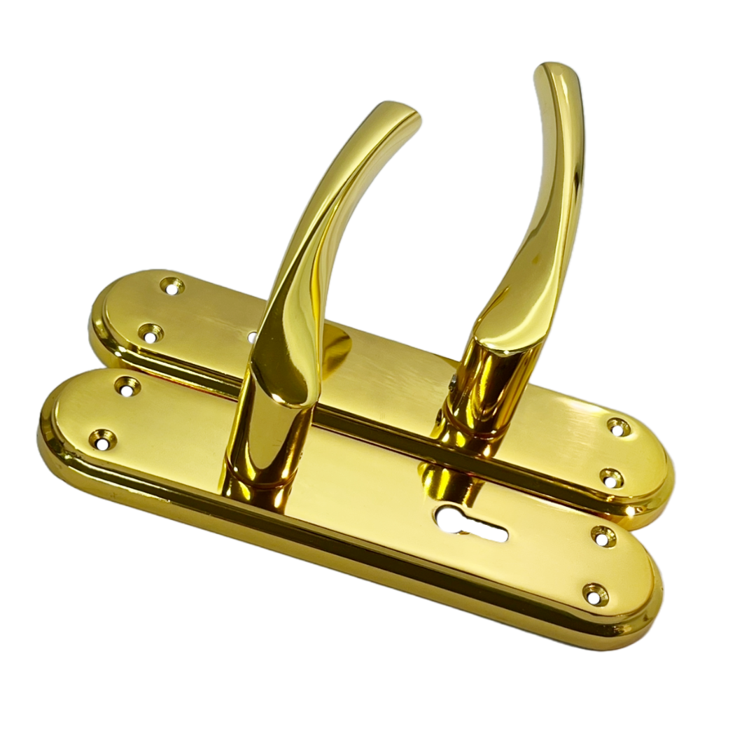 Genova Door Handles Polished Brass Twist Lever Lock on Modern Marina Backplate