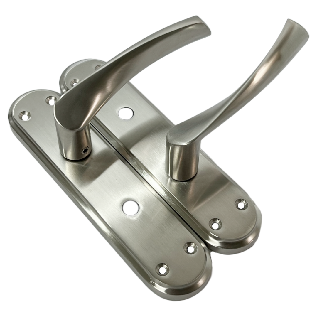 Genova Door Handles Satin Twist Lever Bathroom Lock on Modern Marina Backplate