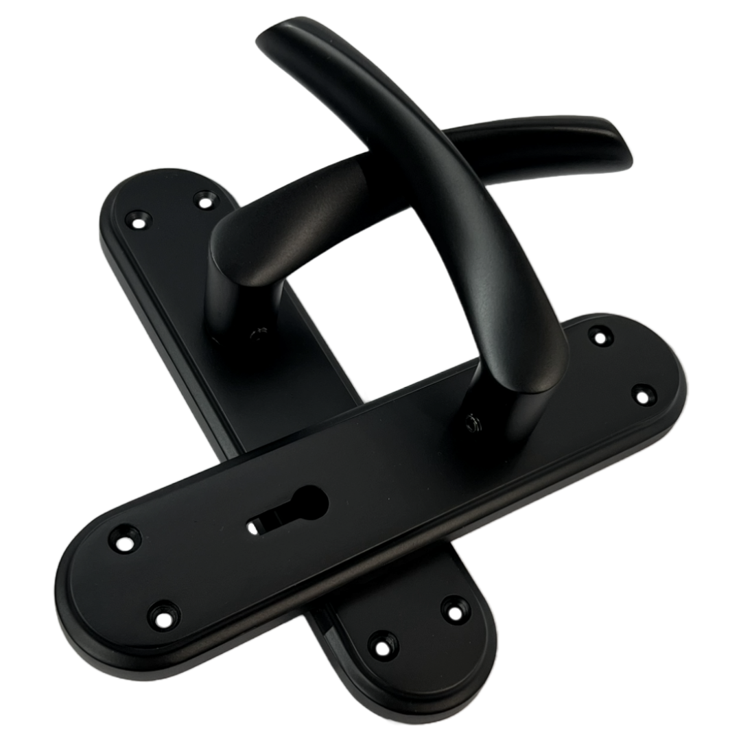 Genova Door Handles Matt Black Twist Lever Lock on Modern Marina Backplate