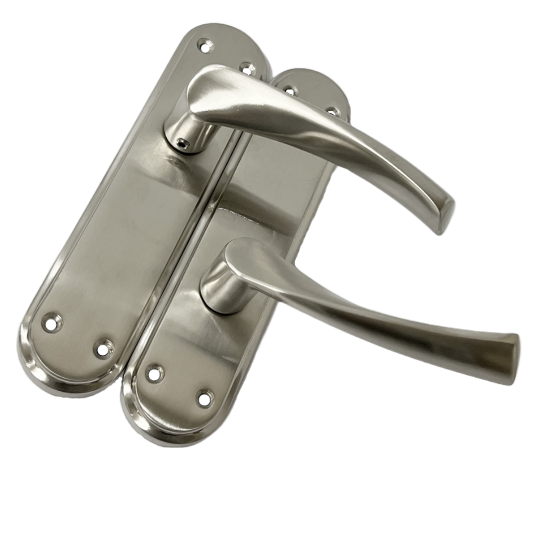 Genova Door Handles Satin Twist Lever Latch on Modern Marina Backplate