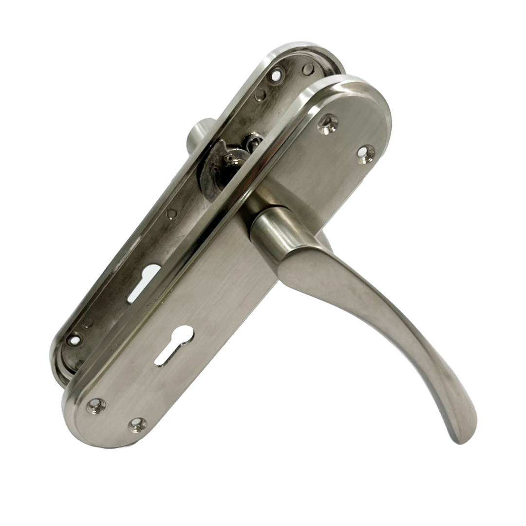 Genova Door Handles Satin Twist Lever Lock on Modern Marina Backplate