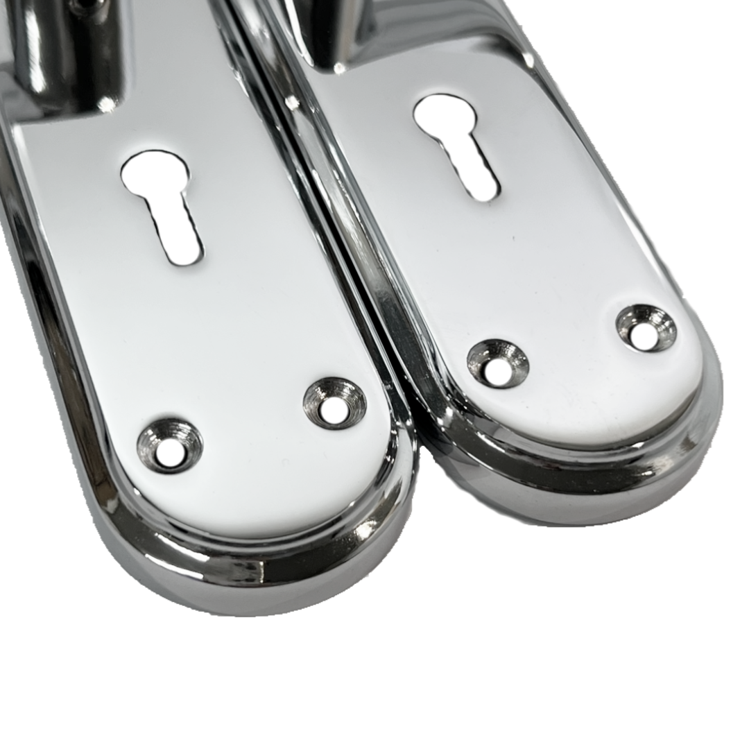 Genova Door Handles Polished Chrome Twist Lever Lock on Modern Marina Backplate