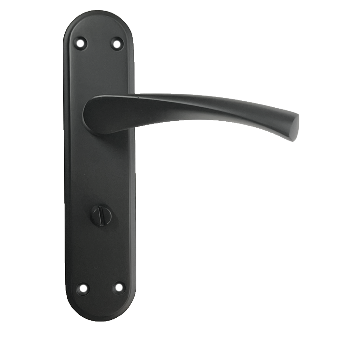 Genova Door Handles Matt Black Twist Lever Bathroom Lock on Modern Marina Backplate