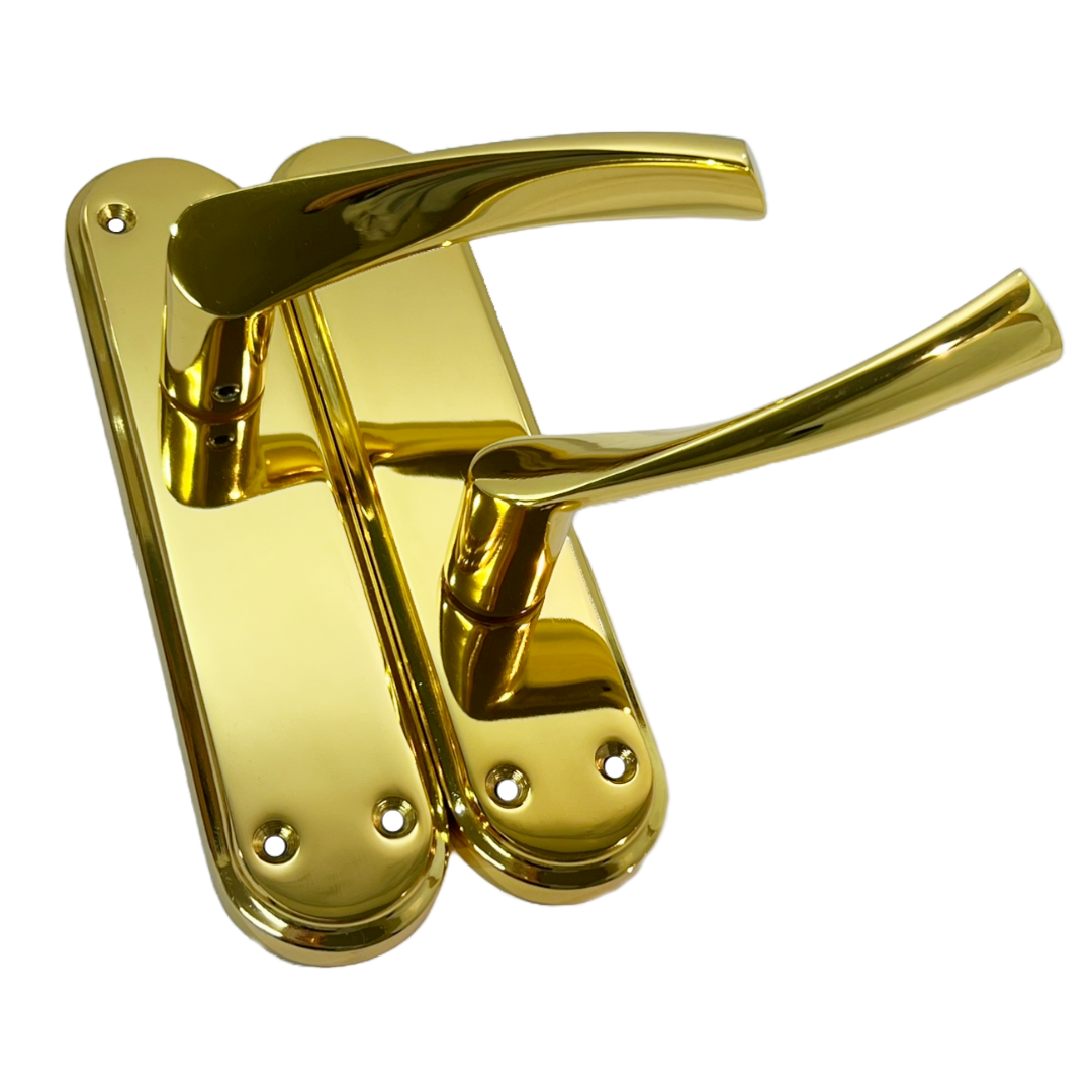 Genova Door Handles Polished Brass Twist Lever Latch on Modern Marina Backplate