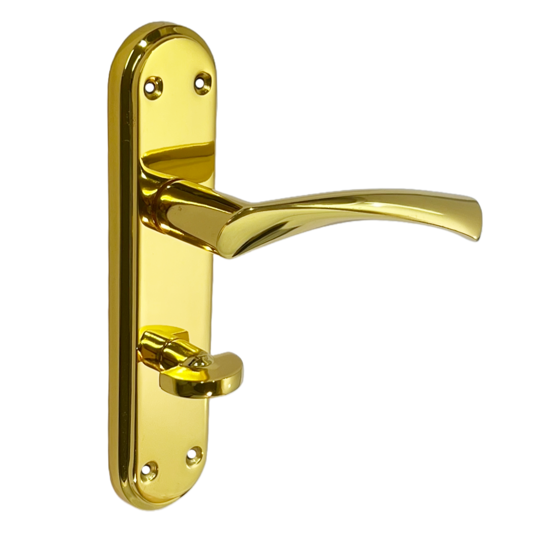 Genova Door Handles Polished Brass Twist Lever Bathroom Lock on Modern Marina Backplate