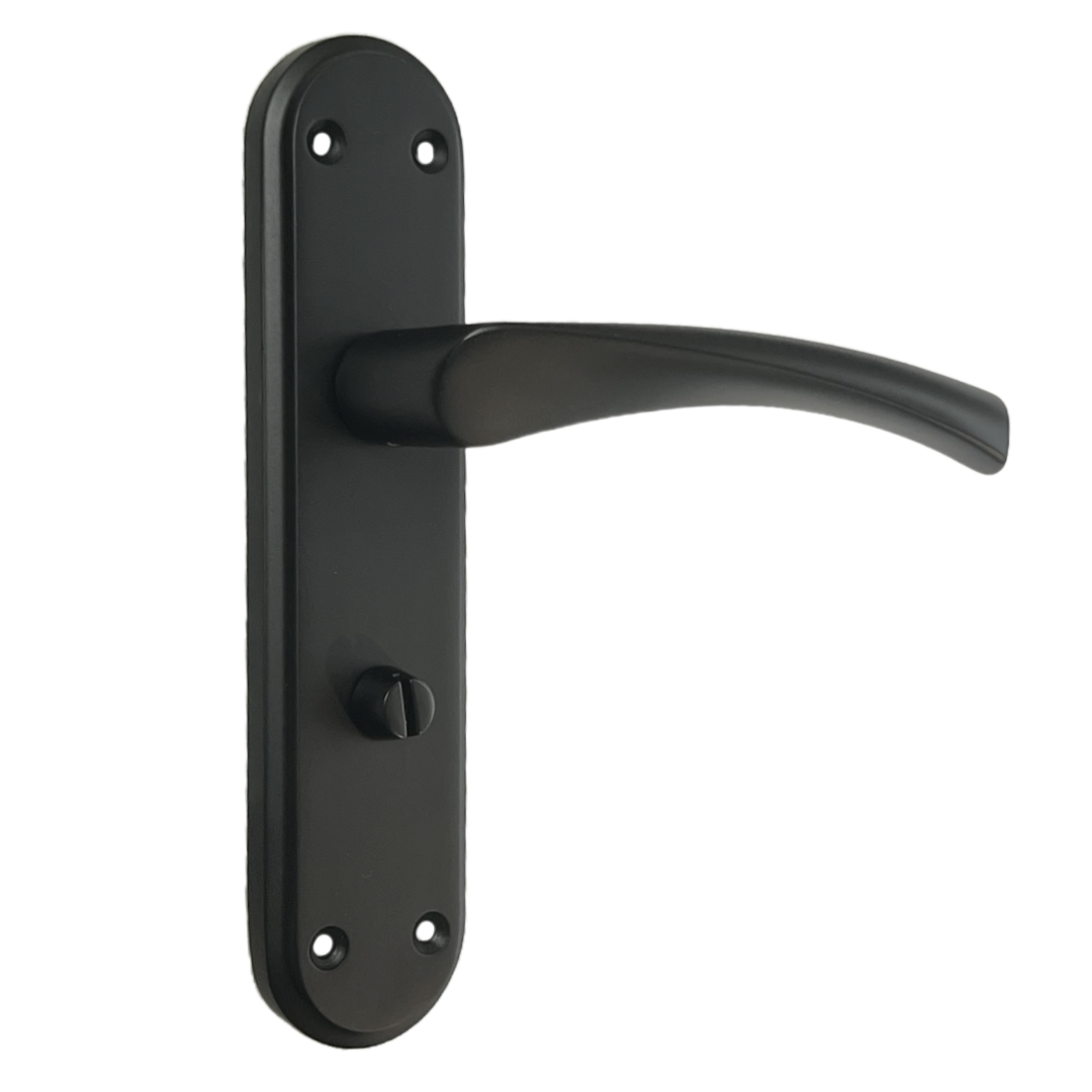 Genova Door Handles Matt Black Twist Lever Bathroom Lock on Modern Marina Backplate