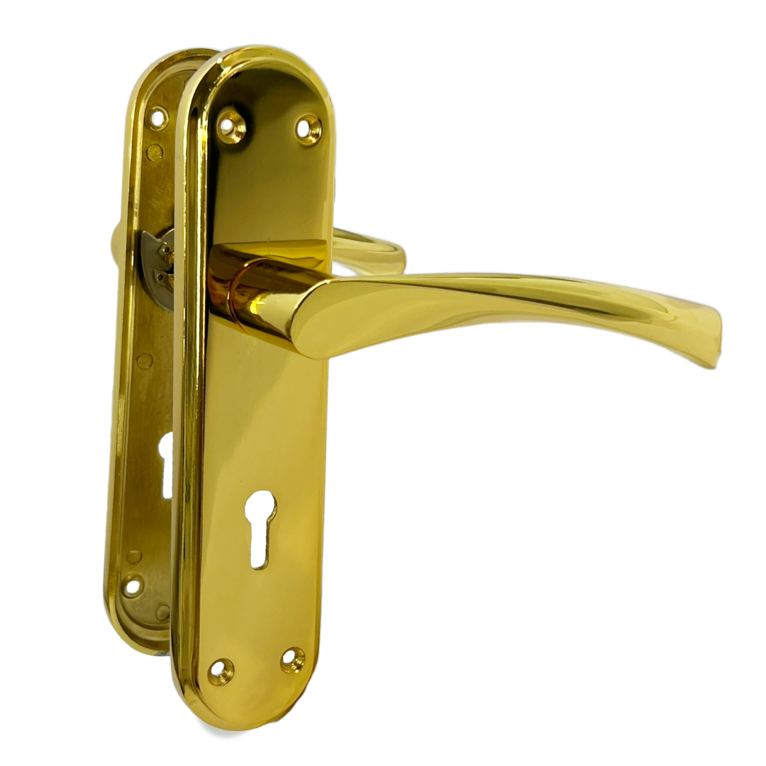 Genova Door Handles Polished Brass Twist Lever Lock on Modern Marina Backplate