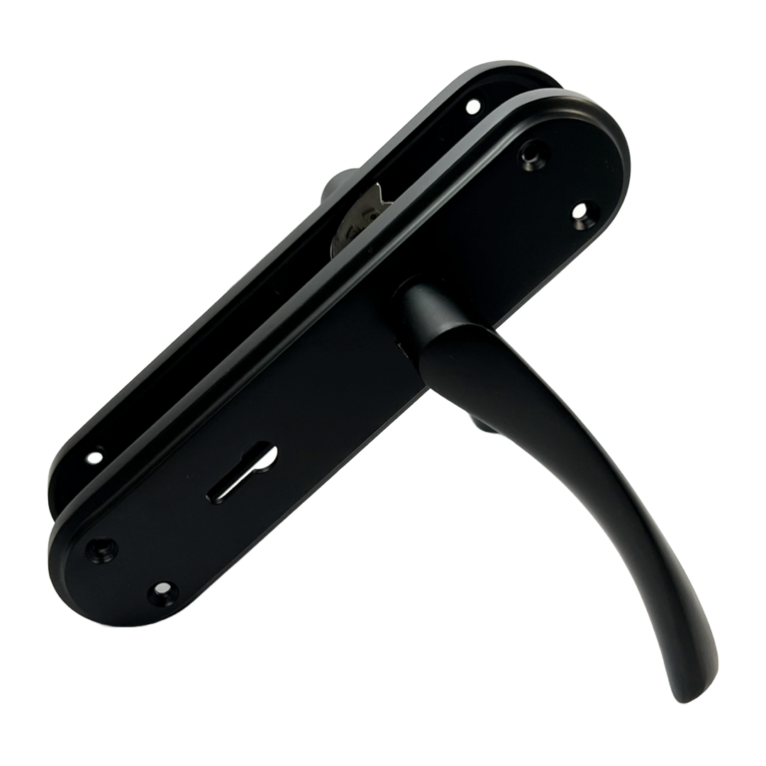 Genova Door Handles Matt Black Twist Lever Lock on Modern Marina Backplate