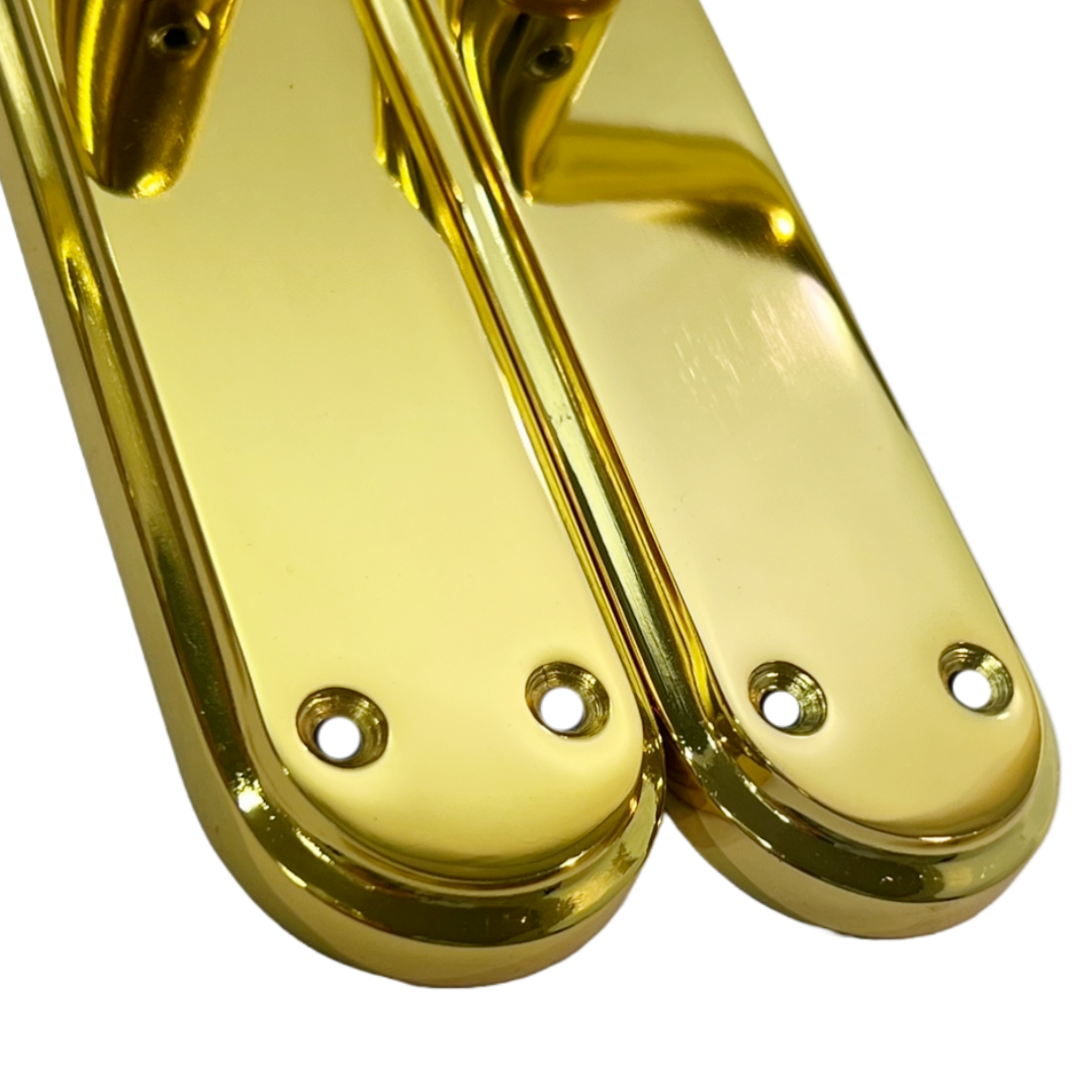 Genova Door Handles Polished Brass Twist Lever Latch on Modern Marina Backplate