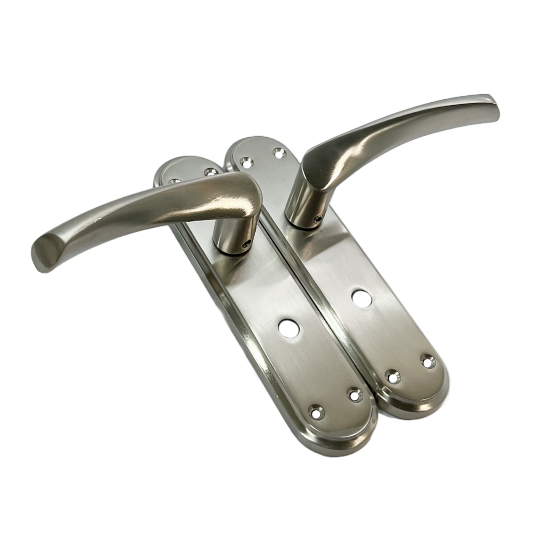 Genova Door Handles Satin Twist Lever Bathroom Lock on Modern Marina Backplate