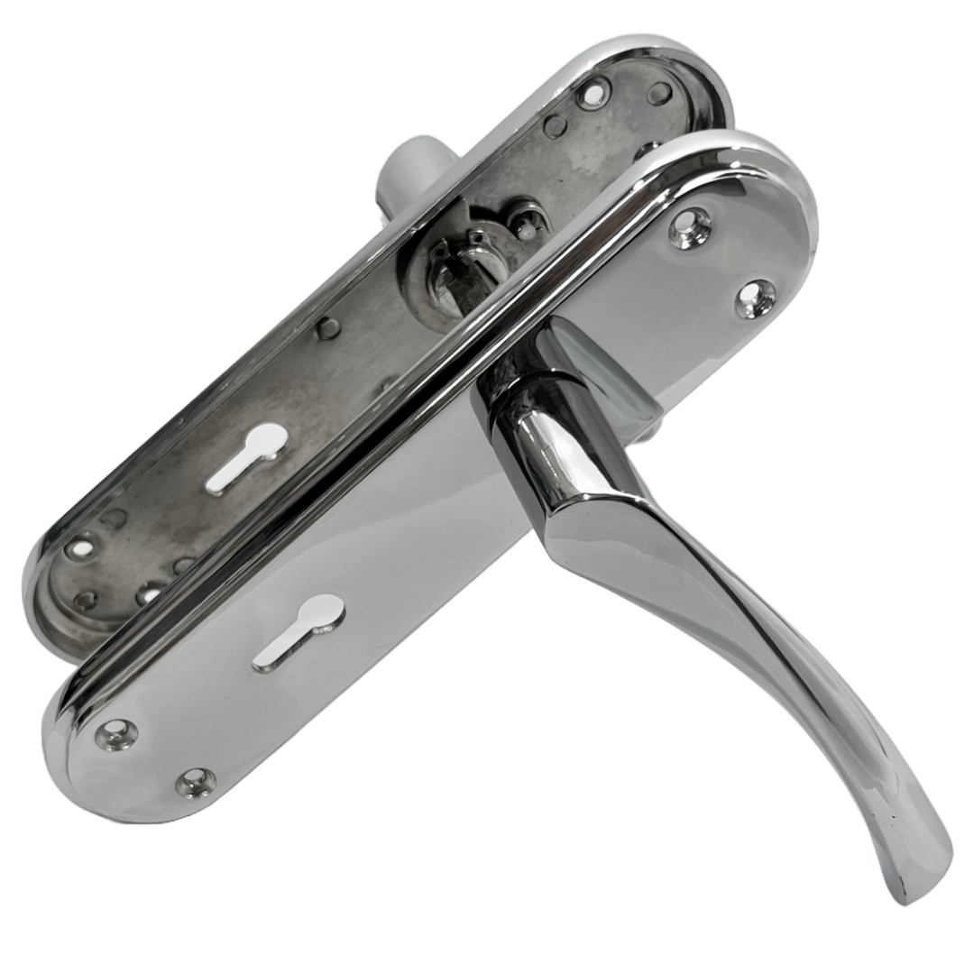 Genova Door Handles Polished Chrome Twist Lever Lock on Modern Marina Backplate