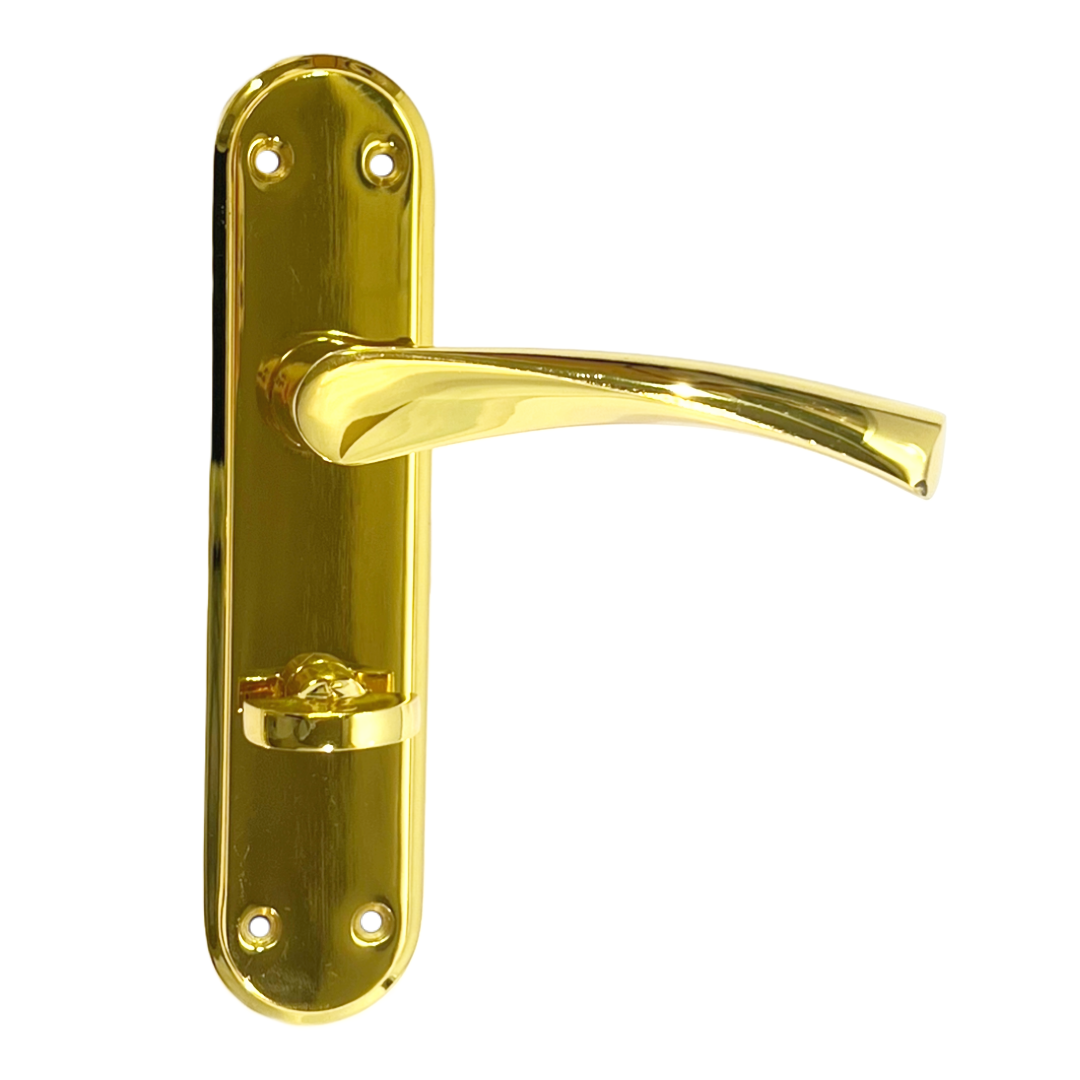 Genova Door Handles Polished Brass Twist Lever Bathroom Lock on Modern Marina Backplate