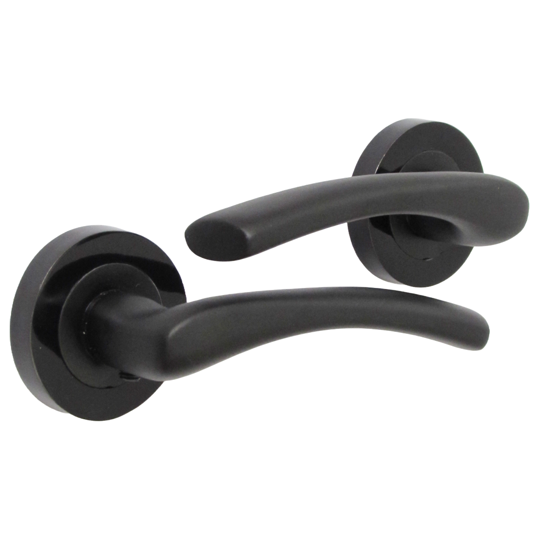 Zena Door Handle Modern Design Matt Black Lever on Nickel Rose Internal + Latch