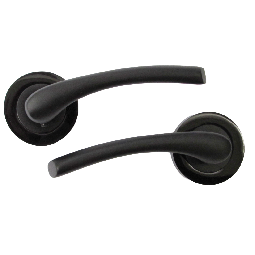 Zena Door Handle Lock Key Set Modern Matt Black Lever on Nickel Rose Internal Escutcheon