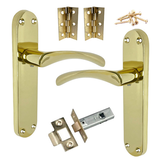 Monja Astrid Door Handles Arched Lever Polished Brass Latch Hinges Pack