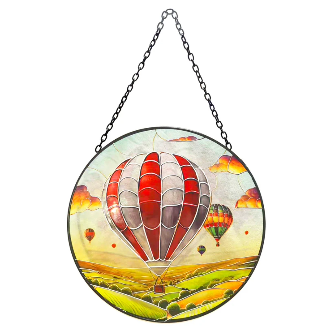Stained Glass Suncatcher Hot Air Balloon Hanging Round Orbit Garden Decoration