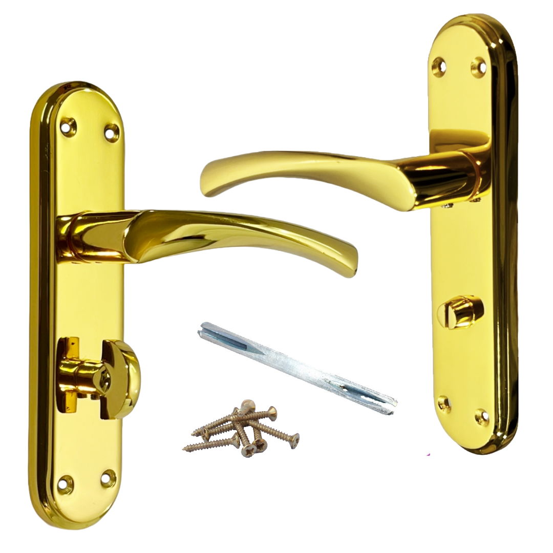 Genova Door Handles Polished Brass Twist Lever Bathroom Lock on Modern Marina Backplate