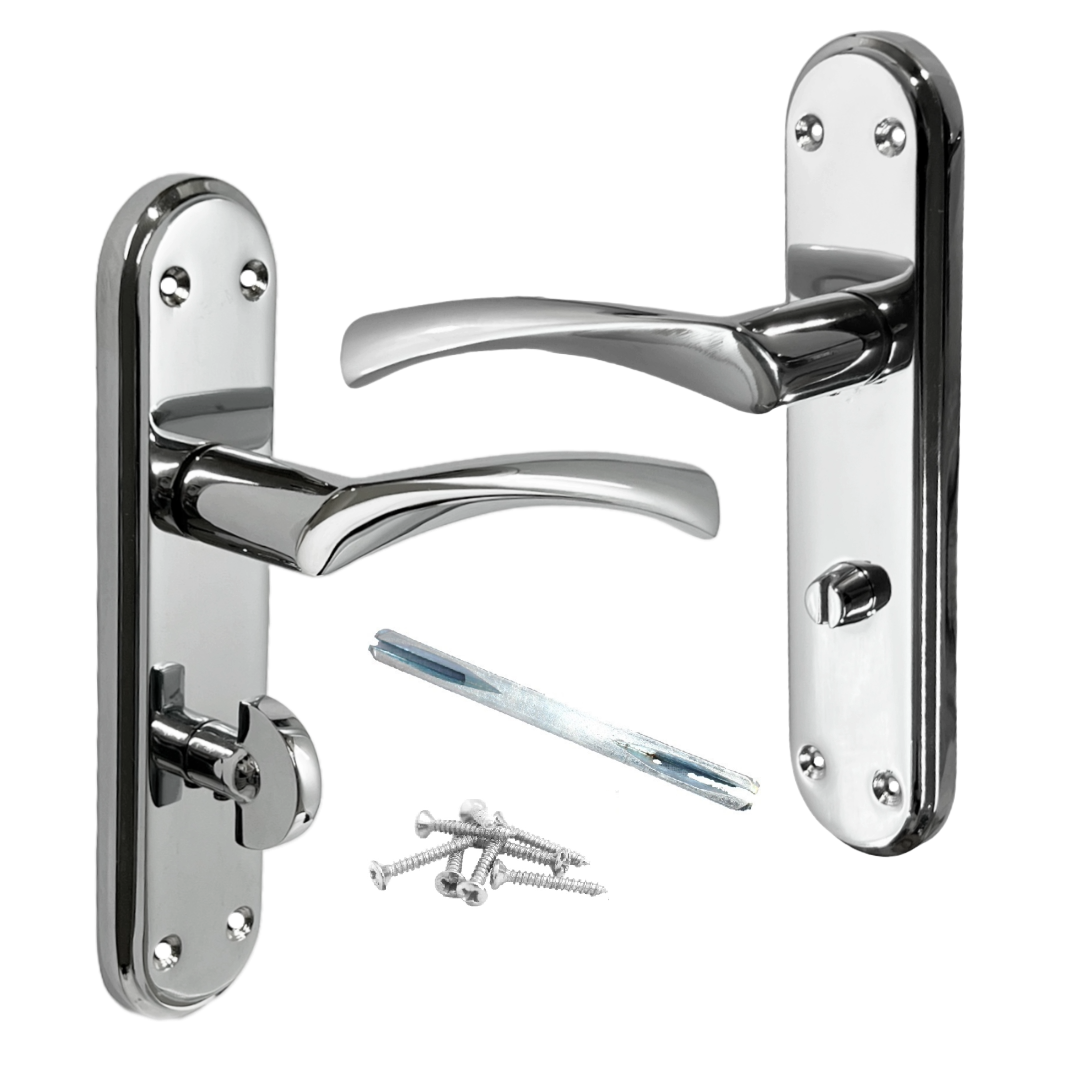 Genova Door Handles Polished Chrome Twist Lever Bathroom Lock on Modern Marina Backplate