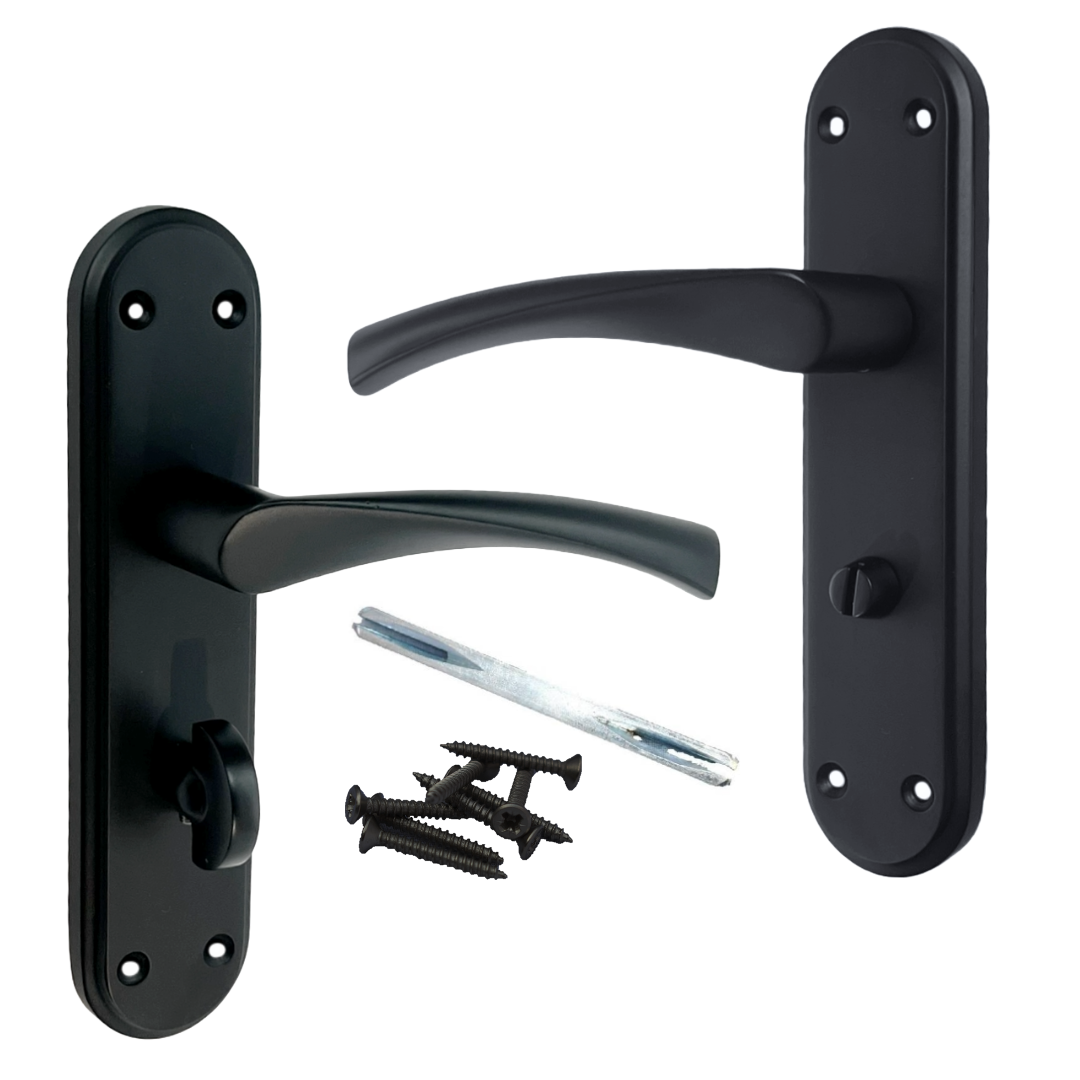 Genova Door Handles Matt Black Twist Lever Bathroom Lock on Modern Marina Backplate