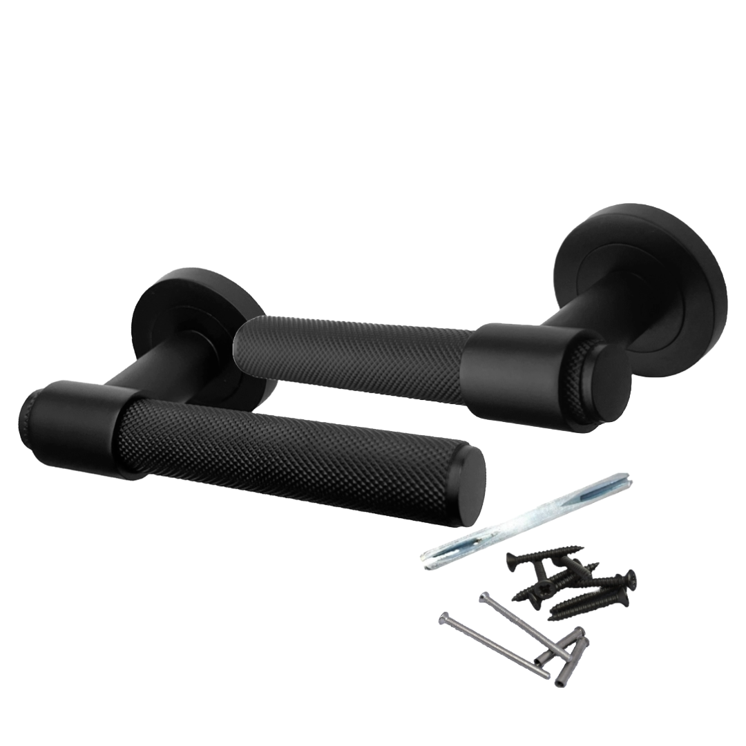Knurled Door Handles Matt Black Loop & Neck Lever on Round Rose Latch Handle Luxe