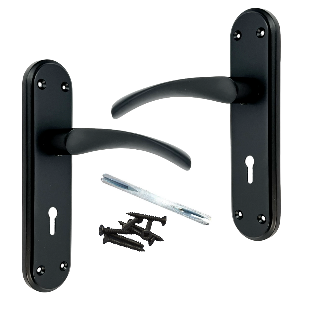 Genova Door Handles Matt Black Twist Lever Lock on Modern Marina Backplate