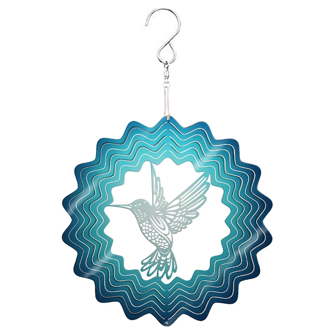 Blue Hummingbird Stainless Steel Hanging Wind Spinner 34cm x 25cm 3D Kinetic Metal Wind Sculpture