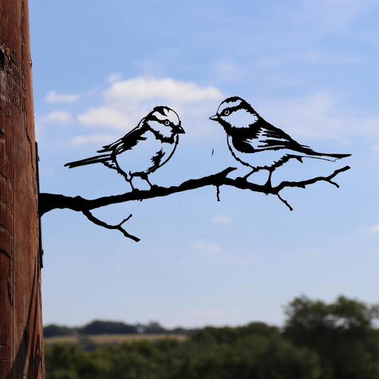 Blue Tit Branch Stand Metal Black Silhouette, Tree or Fence Mountable Decoration