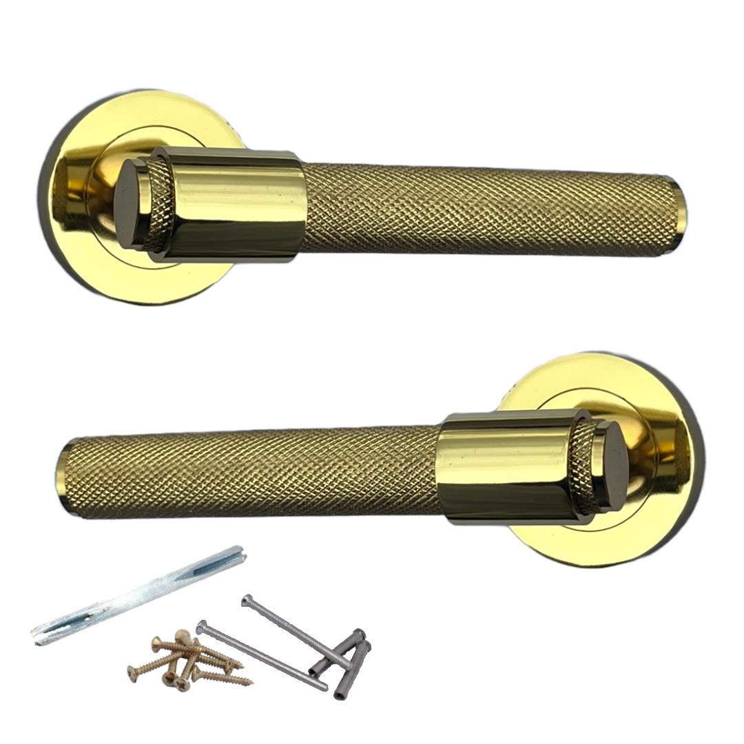 Knurled Door Handles Polished Brass Loop & Neck Lever on Round Rose Latch Handle Luxe
