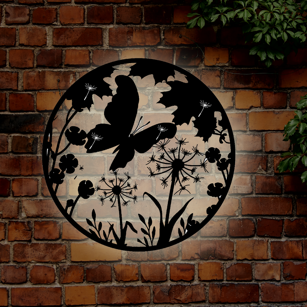 Décoration murale en métal avec silhouette de pissenlit et papillon rétroéclairée à l'énergie solaire – Décoration de jardin extérieure