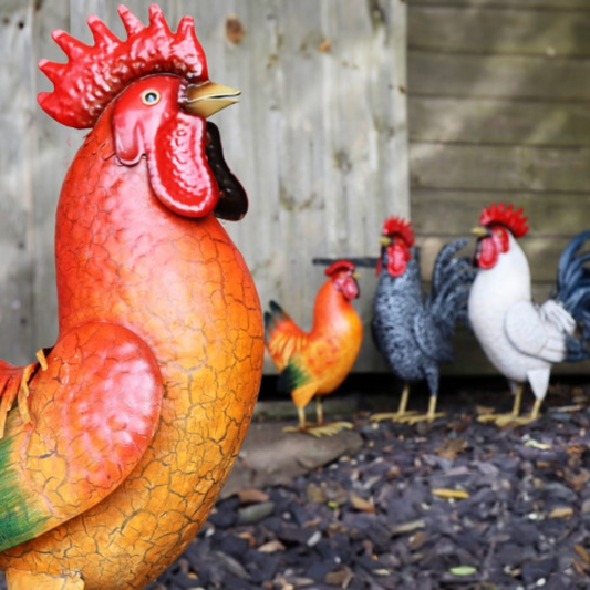 Chicken Cockerel Red Black White Metal Garden Sculpture - Lifelike Farmyard Outdoor Decoration