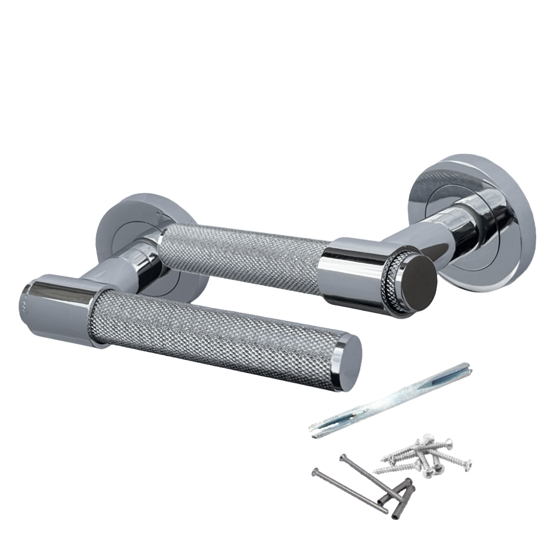Knurled Door Handles Polished Chrome Loop & Neck Lever on Round Rose Latch Handle Luxe