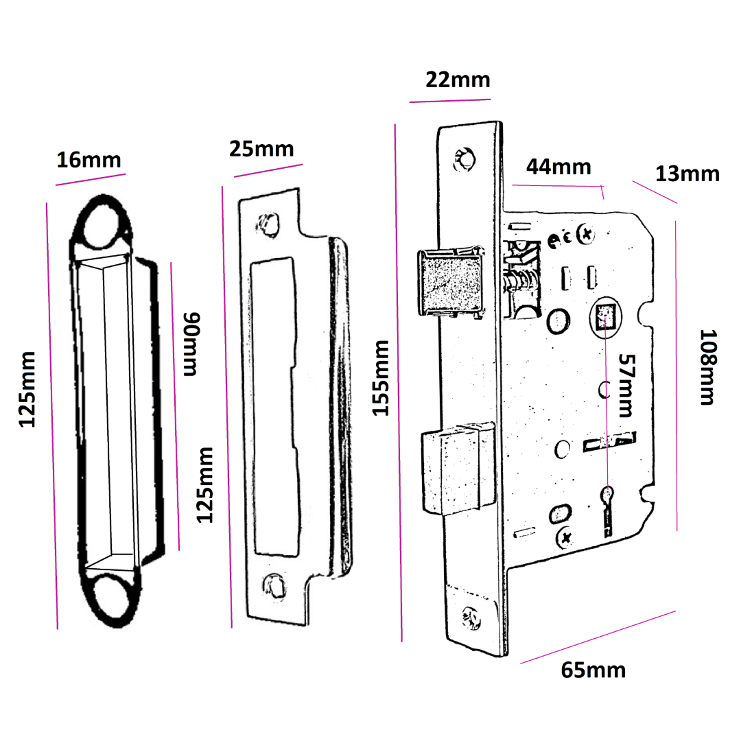 Poignées de porte à onglet, levier droit, serrure de salle de bain, pack duo - Chrome satiné 180 mm x 40 mm